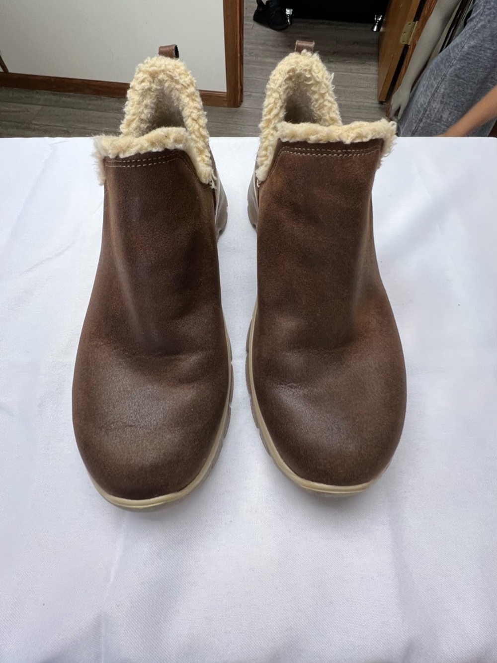 Skechers Brown Faux Suede Slip-On Ankle Booties with Cream Sherpa Collar